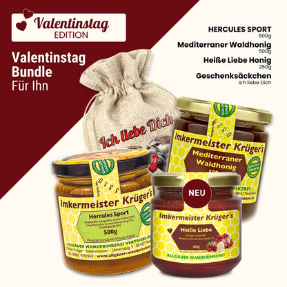 Valentinstag-Bundle mit Hercules Sport 500g, Mediterraner Waldhonig 500g, Heiße Liebe Honig 250g und Geschenksäckchen Ich liebe Dich von der Allgäuer Wanderimkerei