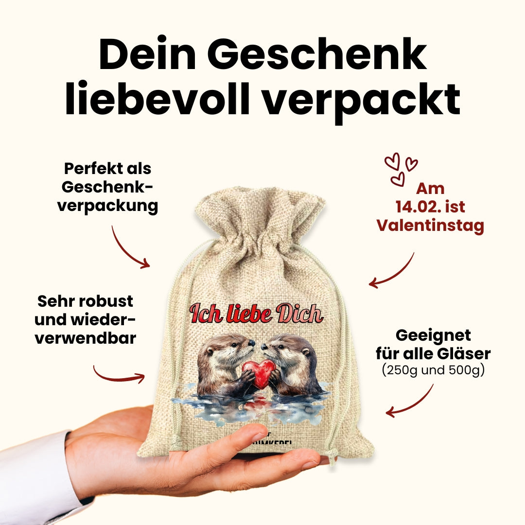 Valentinstag-Bundle mit Hercules Sport 500g, Mediterraner Waldhonig 500g, Heiße Liebe Honig 250g und Geschenksäckchen Ich liebe Dich von der Allgäuer Wanderimkerei