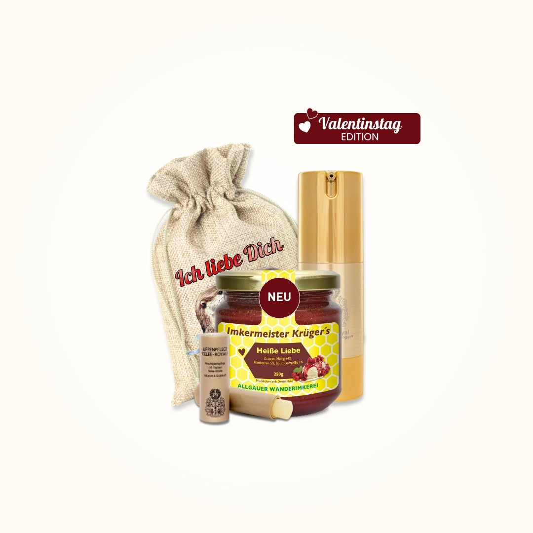 Valentinstag-Geschenk für sie, Serum-Royal Bienengift-Serum 30 ml, Heiße Liebe Honig 250g, Lippenpflege Gelee Royal 4,8g, Geschenksäckchen Ich liebe Dich von der Allgäuer Wanderimkerei