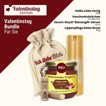 Valentinstag-Geschenk für sie, Serum-Royal Bienengift-Serum 30 ml, Heiße Liebe Honig 250g, Lippenpflege Gelee Royal 4,8g, Geschenksäckchen Ich liebe Dich von der Allgäuer Wanderimkerei