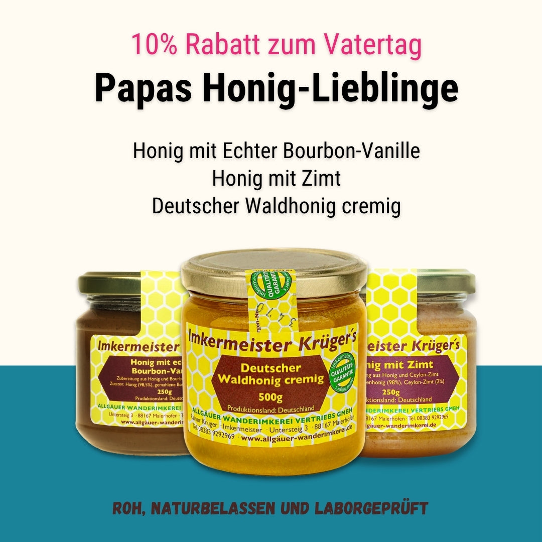 Verschenke Papas Honig-Lieblinge zum Vatertag mit Honig mit echter Bourbon-Vanille, Honig mit Zimt, Deutscher Waldhonig cremig von der Allgäuer Wanderimkerei