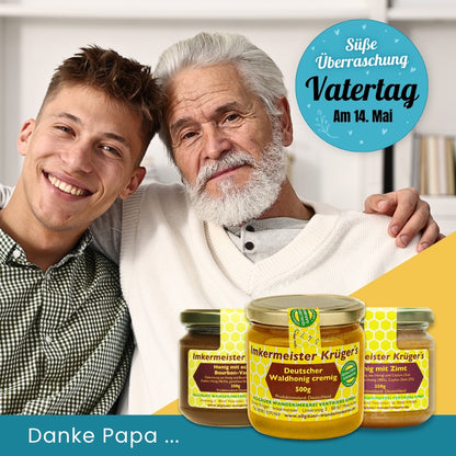 Verschenke Papas Honig-Lieblinge zum Vatertag mit Honig mit echter Bourbon-Vanille, Honig mit Zimt, Deutscher Waldhonig cremig von der Allgäuer Wanderimkerei