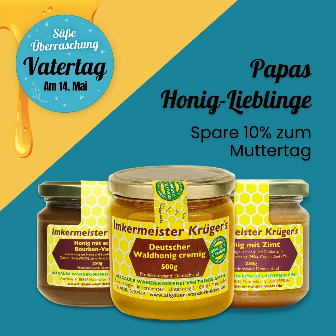 Verschenke Papas Honig-Lieblinge zum Vatertag mit Honig mit echter Bourbon-Vanille, Honig mit Zimt, Deutscher Waldhonig cremig von der Allgäuer Wanderimkerei