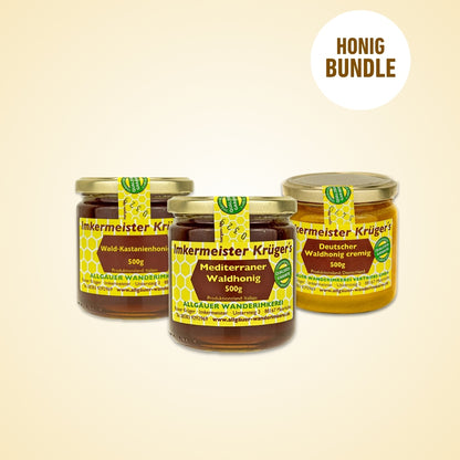 Seltenes Waldhonig-Bundle mit Wald-Kastanienhonig (500g), Mediterraner Waldhonig (500g), Deutscher Waldhonig cremig (500g)