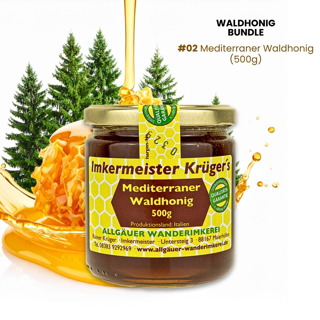Seltenes Waldhonig-Bundle mit Wald-Kastanienhonig (500g), Mediterraner Waldhonig (500g), Deutscher Waldhonig cremig (500g)

