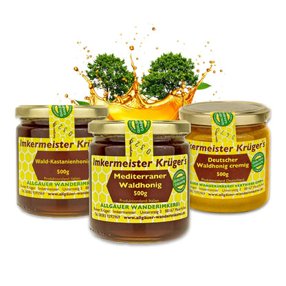 Seltenes Waldhonig-Bundle mit Wald-Kastanienhonig (500g), Mediterraner Waldhonig (500g), Deutscher Waldhonig cremig (500g)
